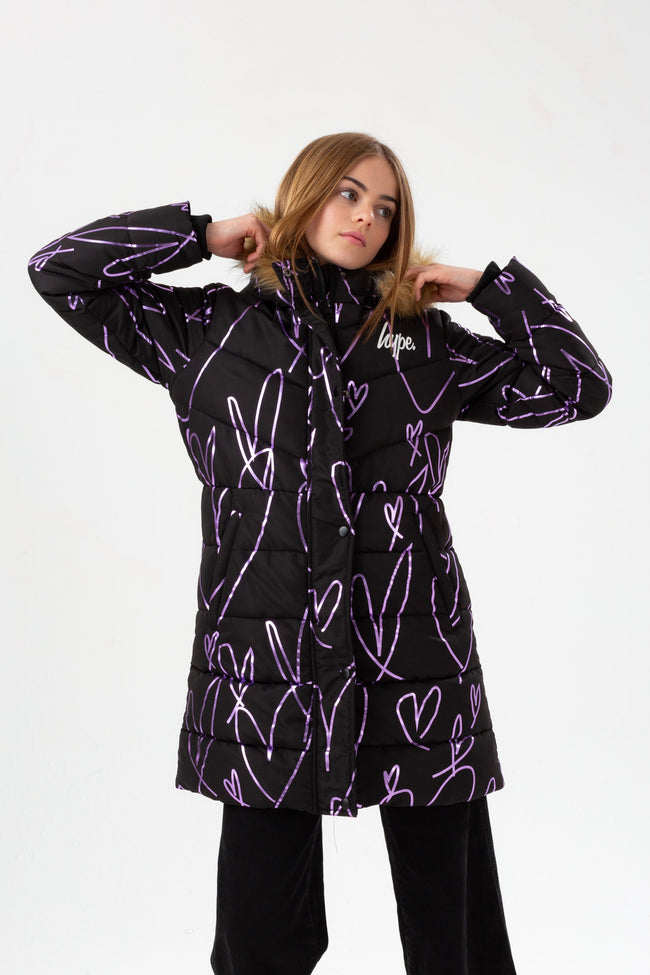 HYPE GIRLS BLACK SKETCH HEART HOLOGRAPHIC PARKA SCRIPT JACKET