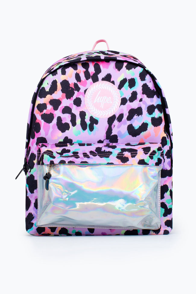 HYPE UNISEX PURPLE RAINBOW LEOPARD HOLOGRAPHIC POCKET CREST BACKPACK