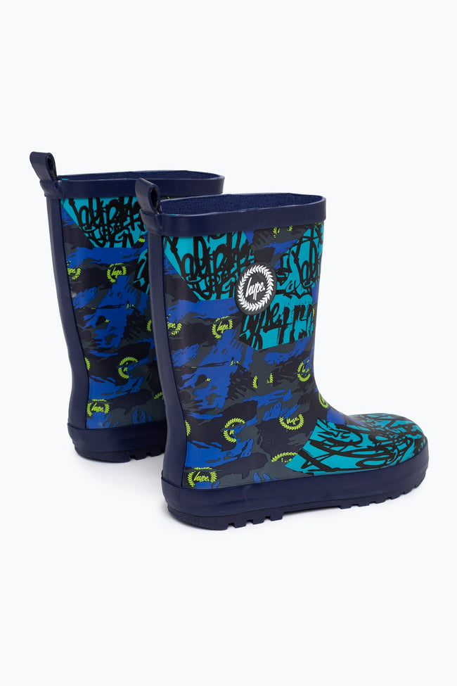 HYPE UNISEX BLUE TYLER CAMO RUBBERISED CREST WELLIES