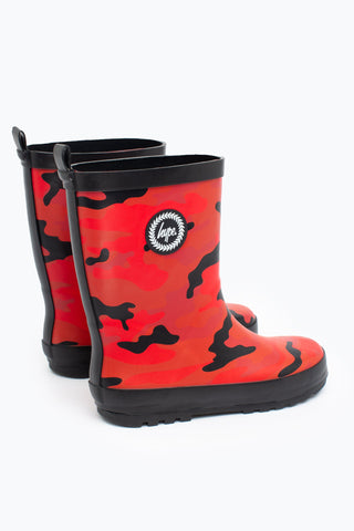 HYPE UNISEX BLACK RED CAMO RUBBERISED CREST WELLIES