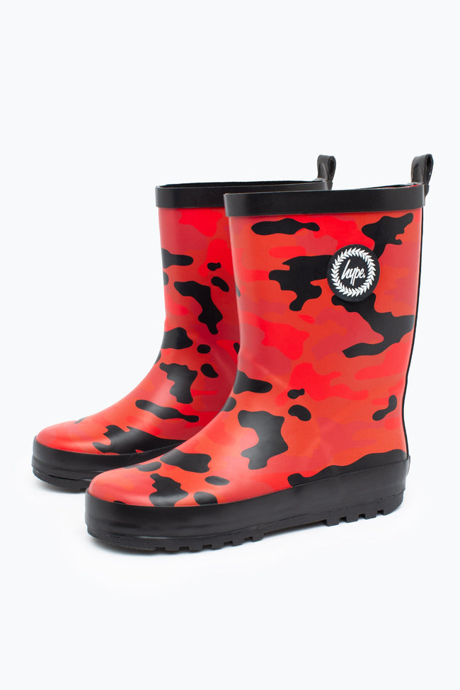 HYPE UNISEX BLACK RED CAMO RUBBERISED CREST WELLIES