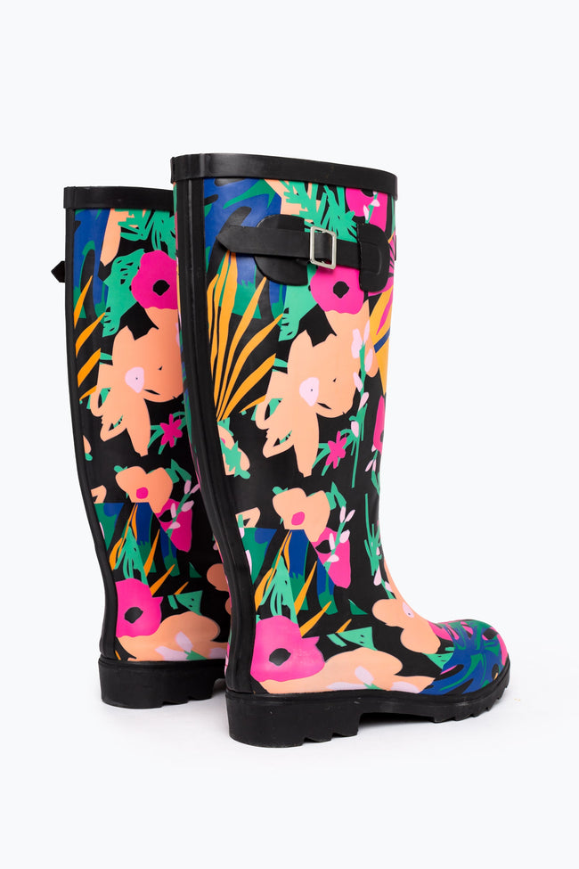 HYPE WOMENS BLACK POPPY SPLICE SCRIBBLE WELLIES