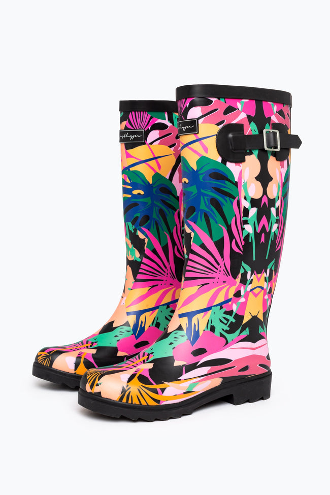 HYPE WOMENS BLACK POPPY SPLICE SCRIBBLE WELLIES