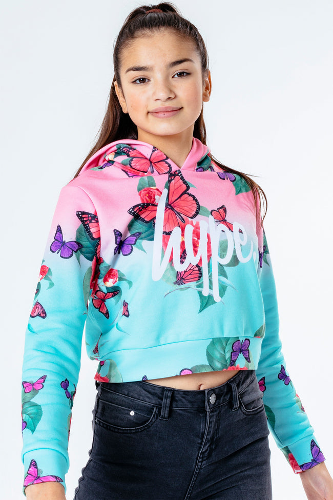 MULTI BUTTERFLY FADE GIRLS CROP HOODIE