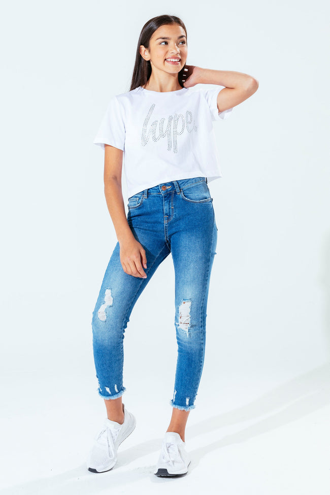 HYPE WHITE DIAMANTE SCRIPT GIRLS CROP T-SHIRT