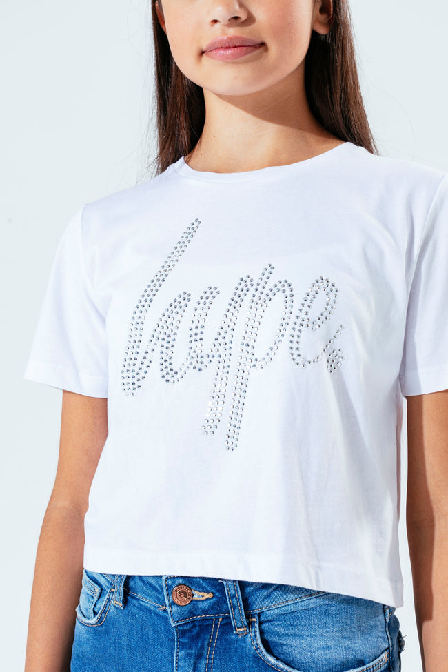 HYPE WHITE DIAMANTE SCRIPT GIRLS CROP T-SHIRT