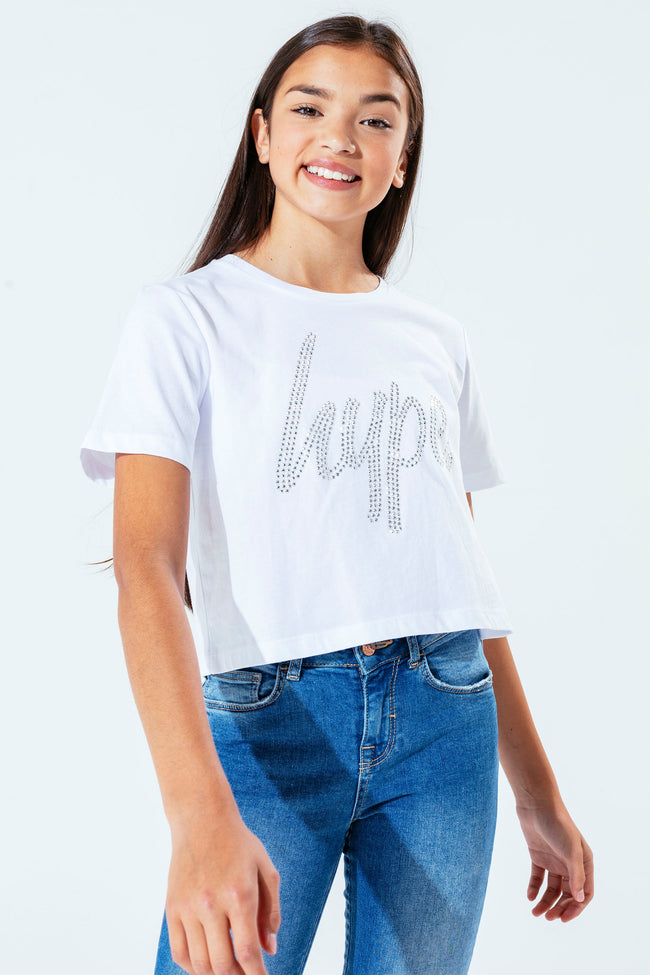 HYPE WHITE DIAMANTE SCRIPT GIRLS CROP T-SHIRT