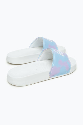 HYPE KIDS UNISEX SPLODGE TIE DYE BLUE AND LILAC SCRIPT SLIDERS