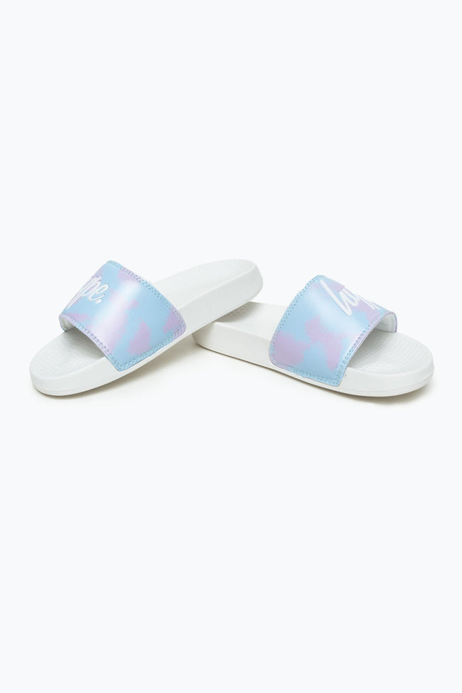 HYPE KIDS UNISEX SPLODGE TIE DYE BLUE AND LILAC SCRIPT SLIDERS