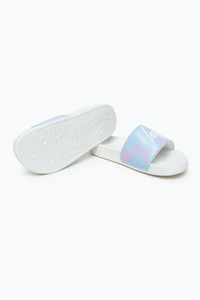 HYPE KIDS UNISEX SPLODGE TIE DYE BLUE AND LILAC SCRIPT SLIDERS