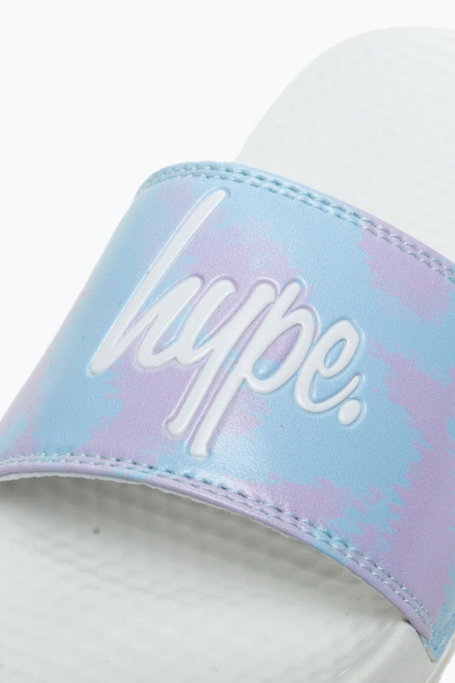 HYPE KIDS UNISEX SPLODGE TIE DYE BLUE AND LILAC SCRIPT SLIDERS