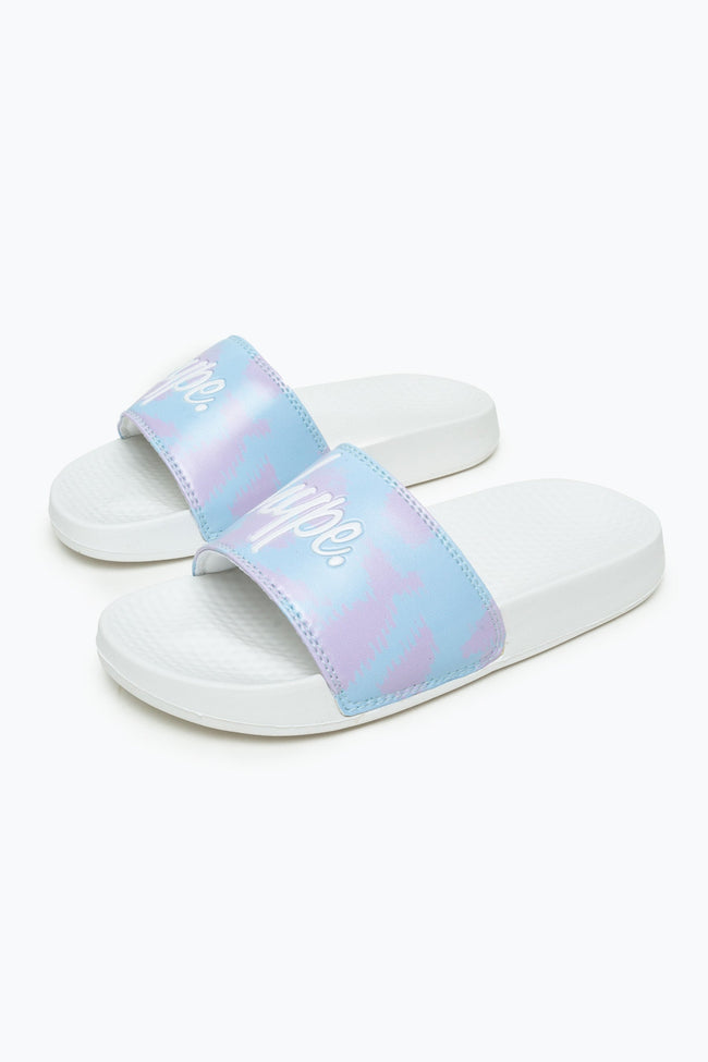 HYPE KIDS UNISEX SPLODGE TIE DYE BLUE AND LILAC SCRIPT SLIDERS