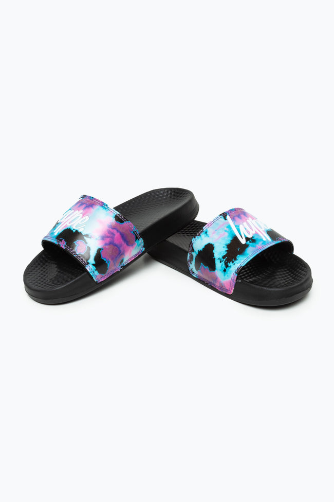 HYPE KIDS UNISEX BLACK PINK TIE DYE SCRIPT SLIDERS