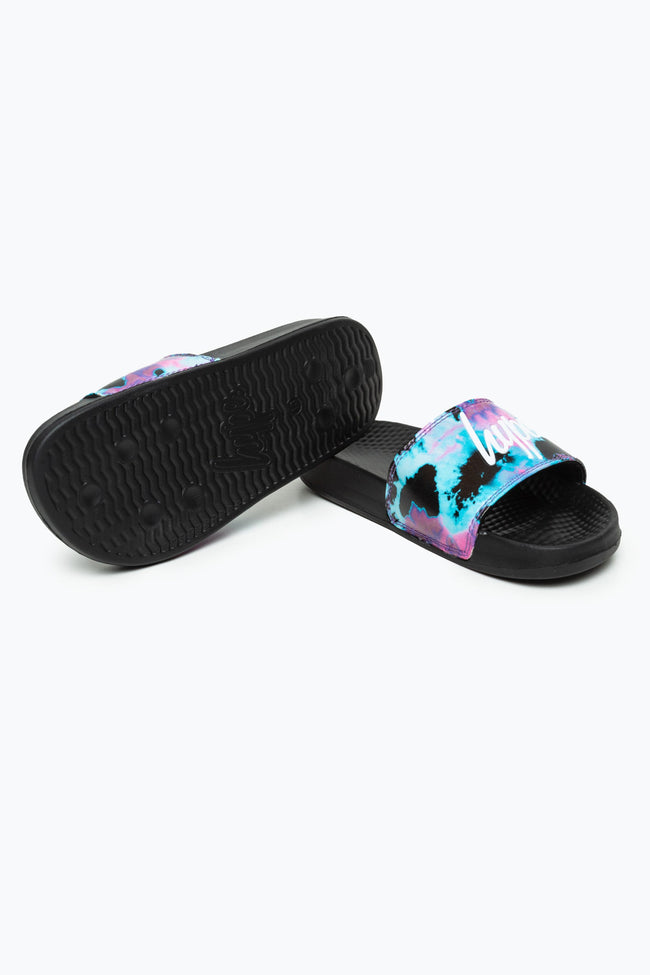 HYPE KIDS UNISEX BLACK PINK TIE DYE SCRIPT SLIDERS