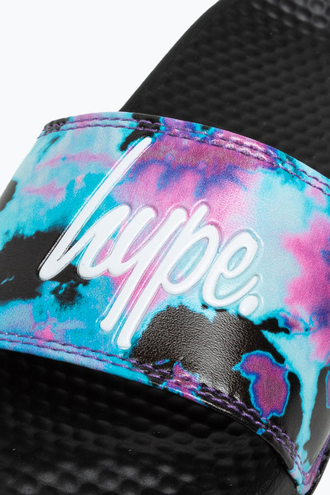 HYPE KIDS UNISEX BLACK PINK TIE DYE SCRIPT SLIDERS