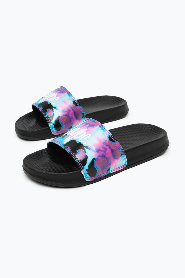 HYPE KIDS UNISEX BLACK PINK TIE DYE SCRIPT SLIDERS