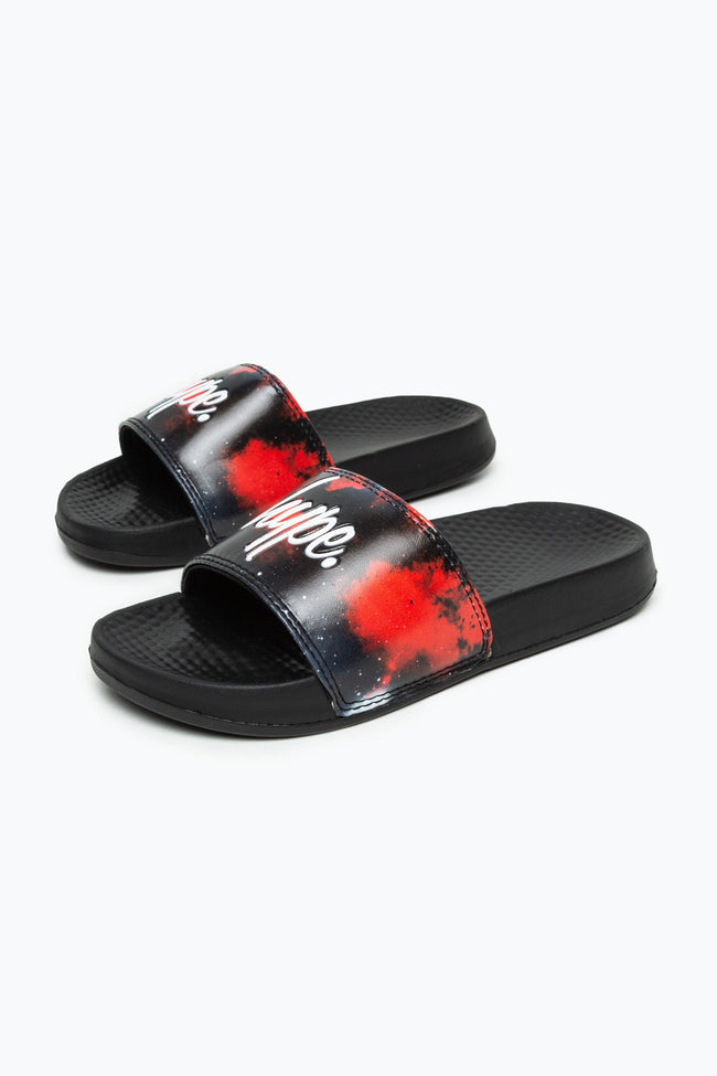 HYPE KIDS UNISEX BLACK RED SKY SCRIPT SLIDERS