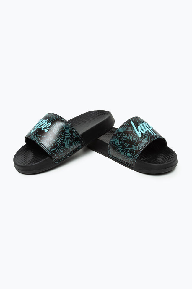 HYPE KIDS UNISEX BLACK TOPOGRAPHIC MINI SCRIPT SLIDERS