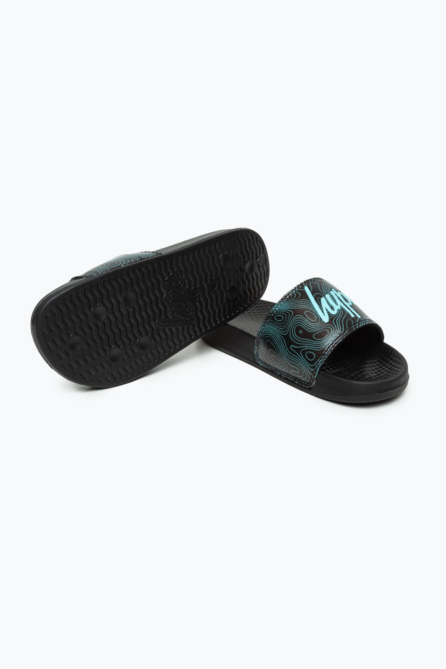 HYPE KIDS UNISEX BLACK TOPOGRAPHIC MINI SCRIPT SLIDERS