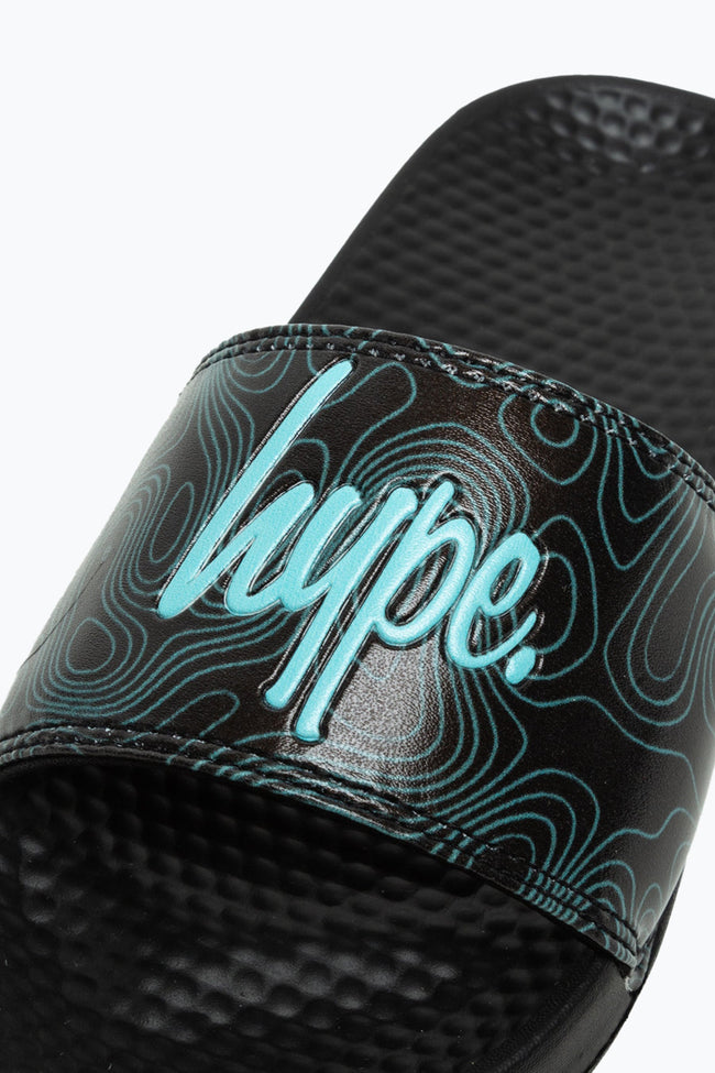 HYPE KIDS UNISEX BLACK TOPOGRAPHIC MINI SCRIPT SLIDERS