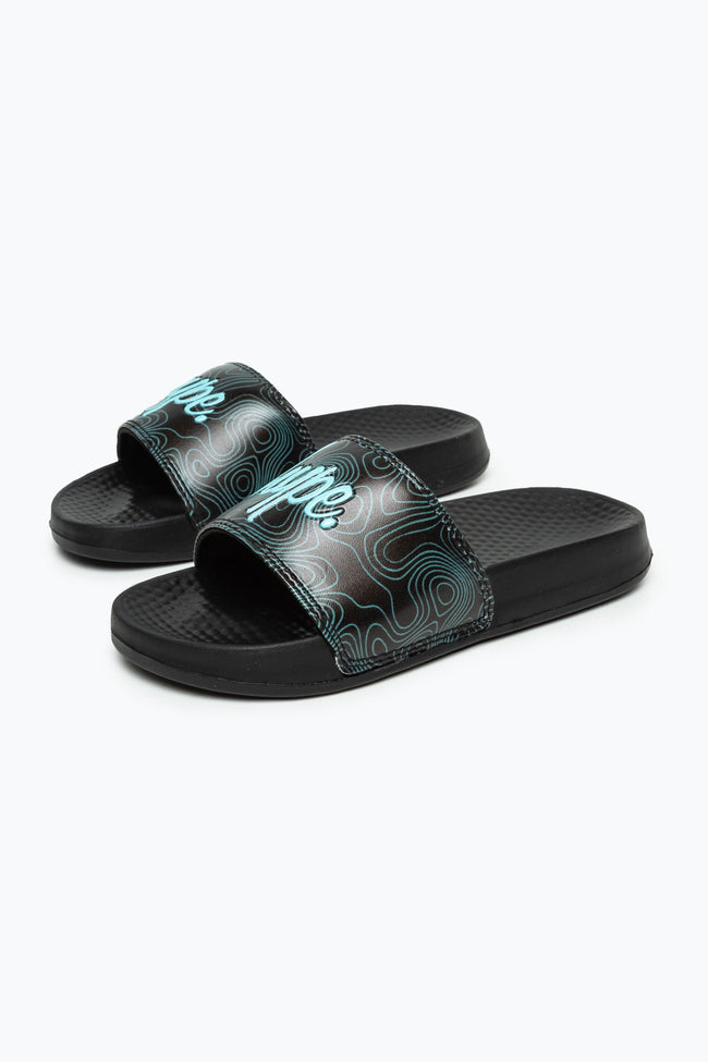 HYPE KIDS UNISEX BLACK TOPOGRAPHIC MINI SCRIPT SLIDERS