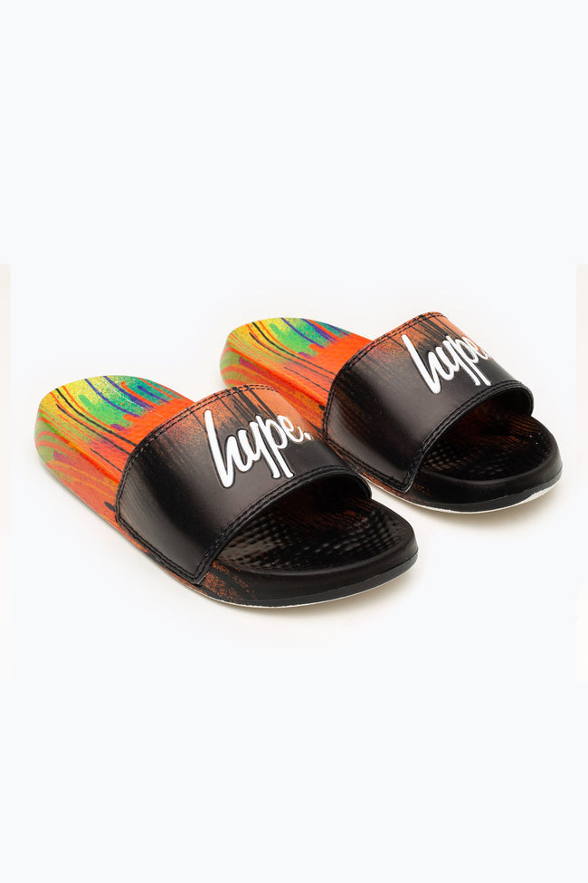 HYPE KIDS UNISEX RED MULTI DRIP SCRIPT SLIDERS