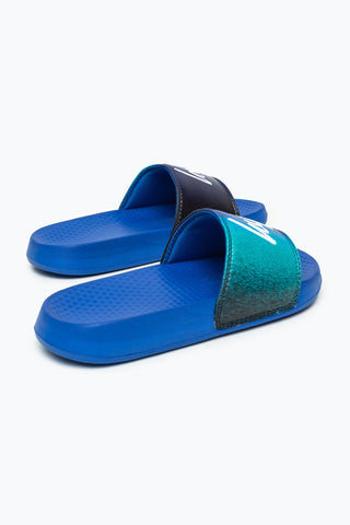 HYPE KIDS UNISEX BLUE SPECKLE FADE SCRIPT SLIDERS