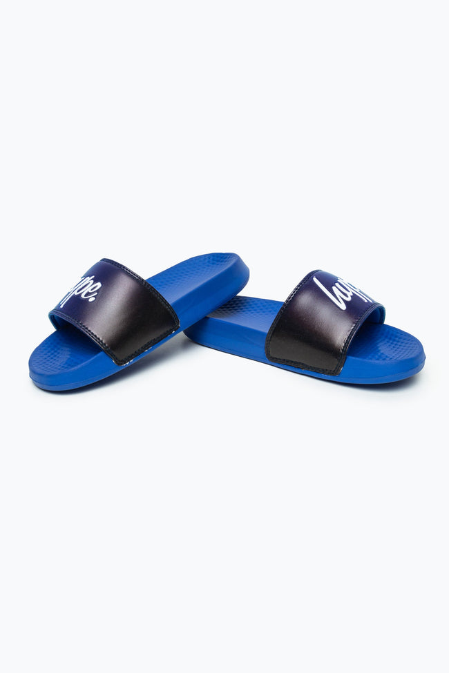 HYPE KIDS UNISEX BLUE SPECKLE FADE SCRIPT SLIDERS