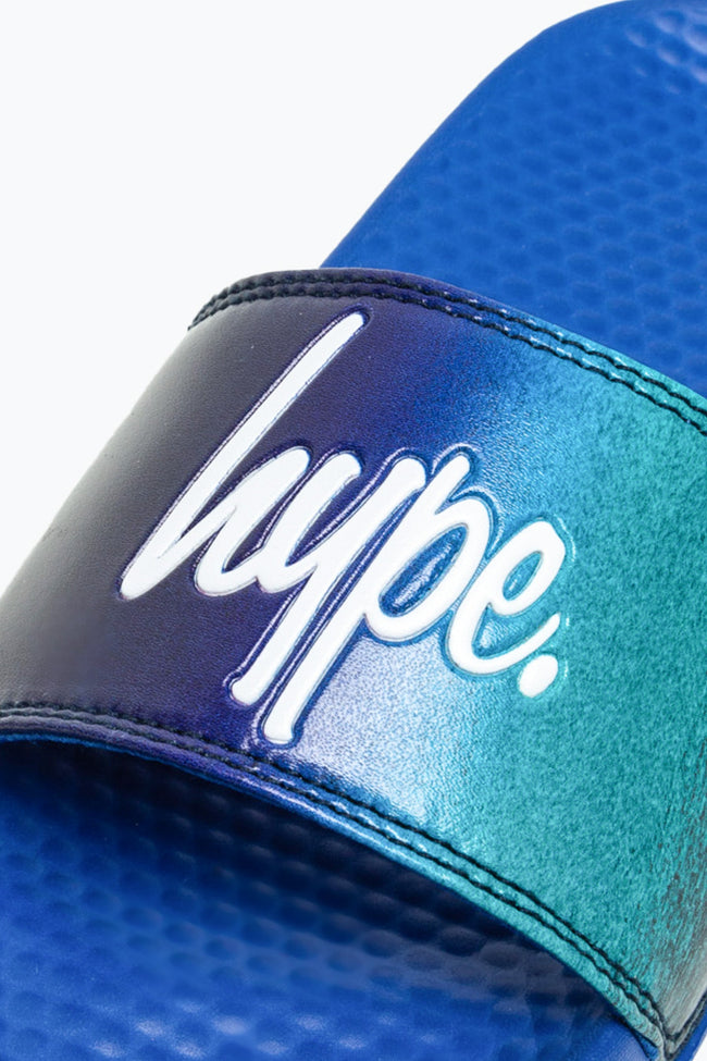 HYPE KIDS UNISEX BLUE SPECKLE FADE SCRIPT SLIDERS