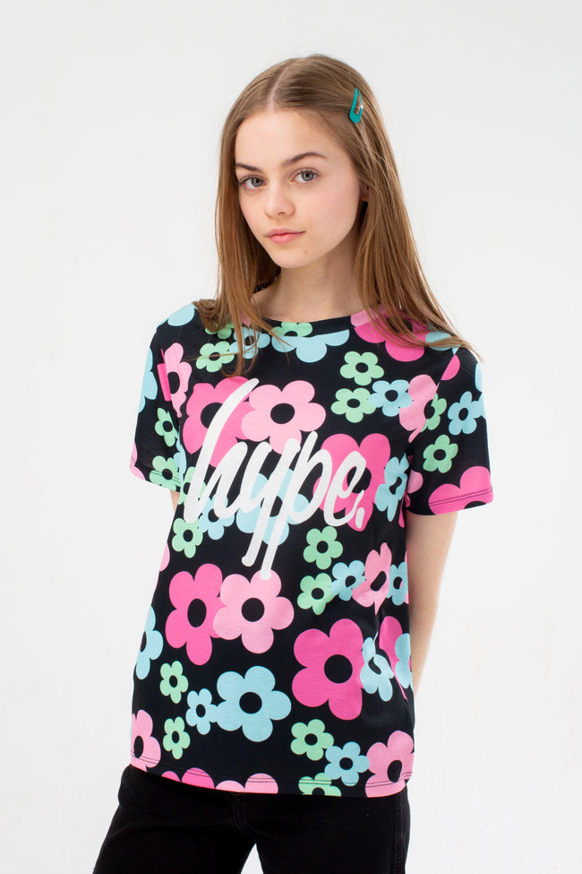 HYPE GIRLS BLACK 70'S FLOWER SCRIPT T-SHIRT