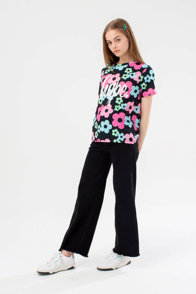 HYPE GIRLS BLACK 70'S FLOWER SCRIPT T-SHIRT