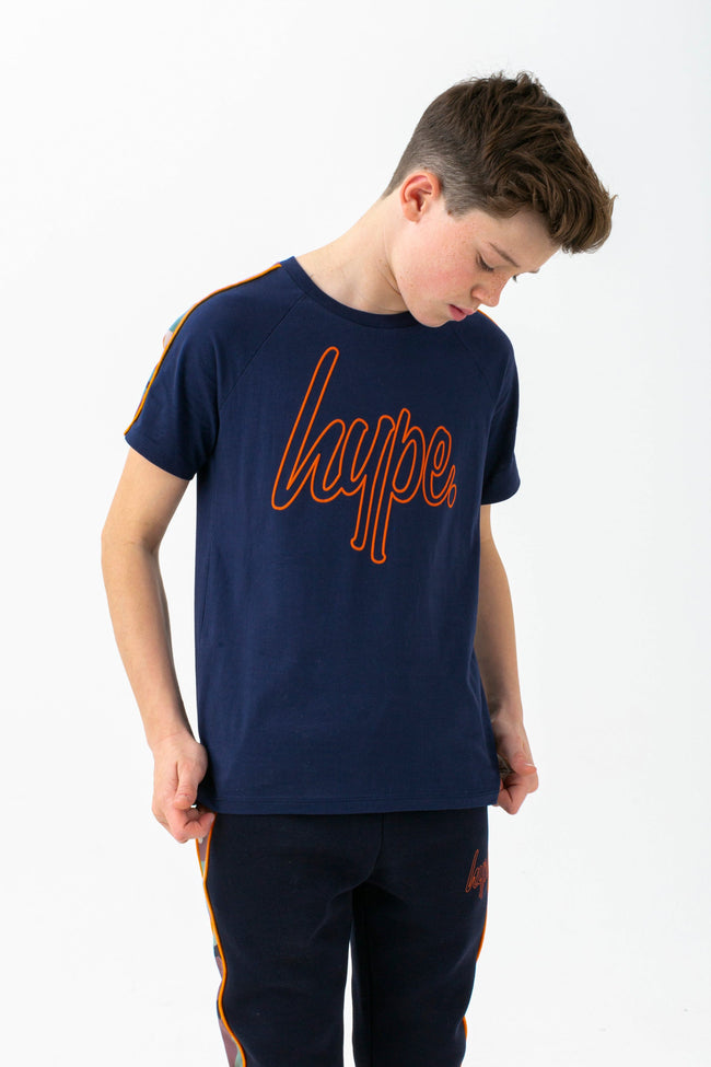 HYPE BOYS NAVY SPRING CAMO SCRIPT RAGLAN T-SHIRT