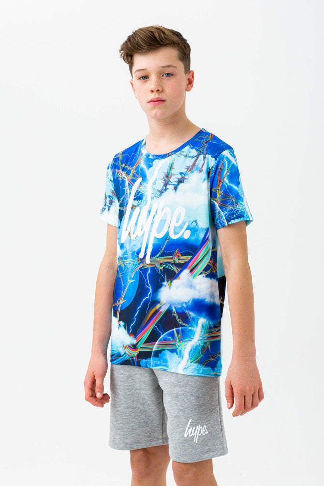 HYPE BOYS BLUE LIGHTNING BARBWIRE SCRIPT T-SHIRT