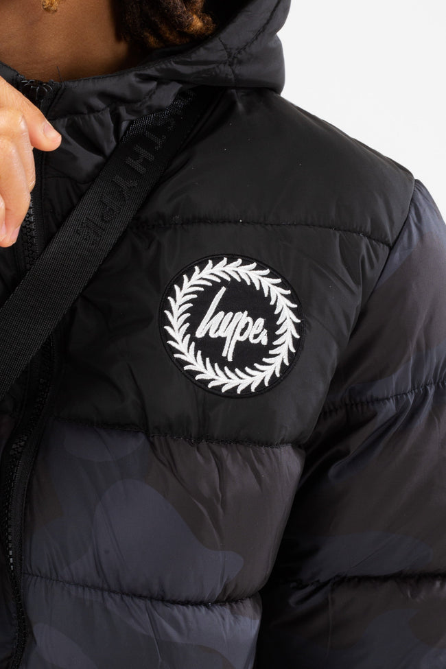 HYPE BOYS BLACK CLASSIC CAMO CREST PUFFER JACKET