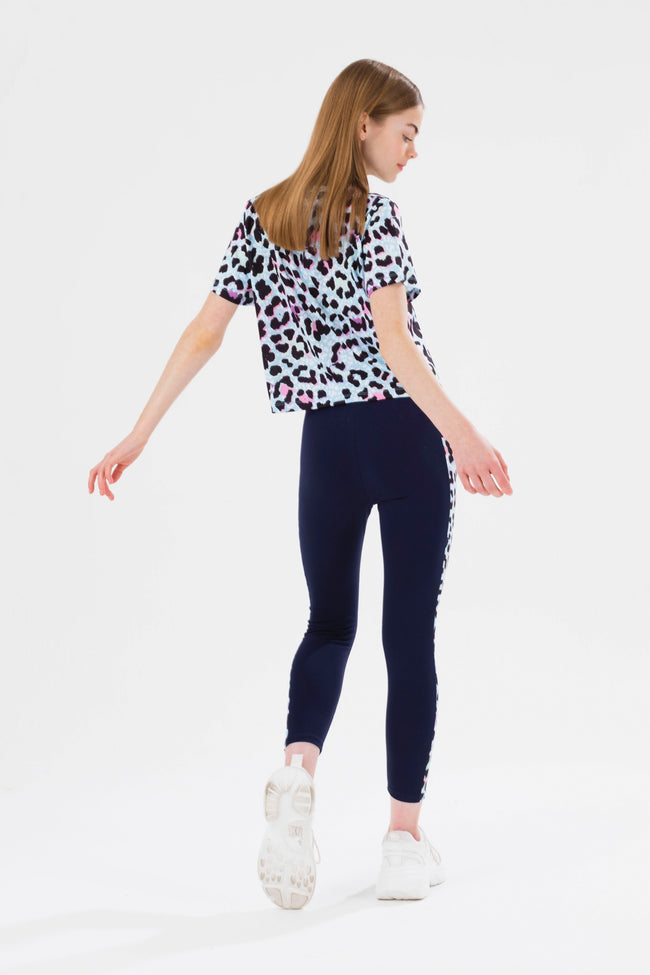 HYPE GIRLS BLUE LEOPARD SCRIPT CROP T-SHIRT