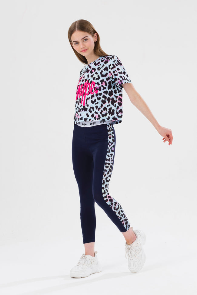 HYPE GIRLS BLUE LEOPARD SCRIPT CROP T-SHIRT