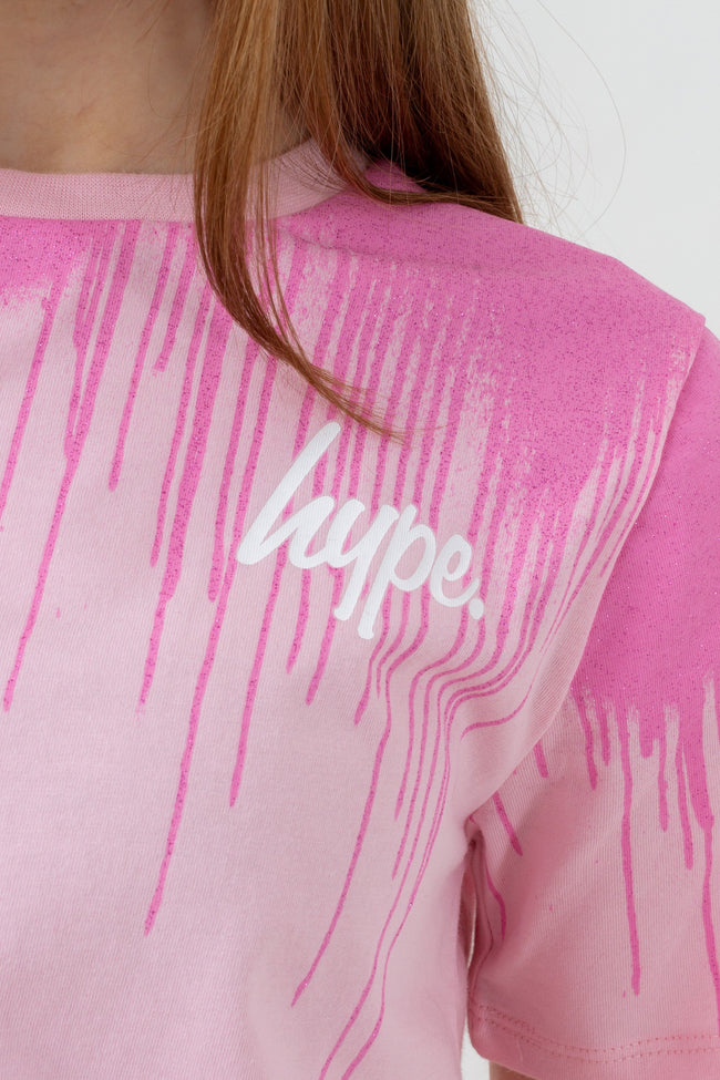 HYPE GIRLS PINK GLITTER DRIPS SCRIPT CROP T-SHIRT