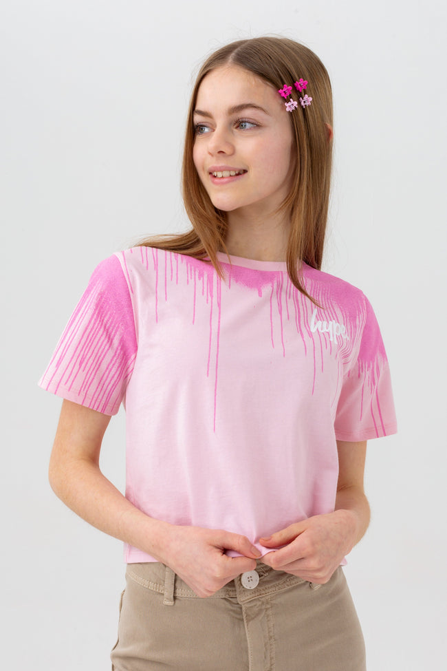 HYPE GIRLS PINK GLITTER DRIPS SCRIPT CROP T-SHIRT