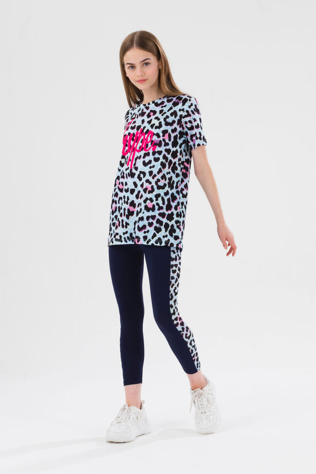 HYPE GIRLS BLUE ICE LEOPARD SCRIPT T-SHIRT