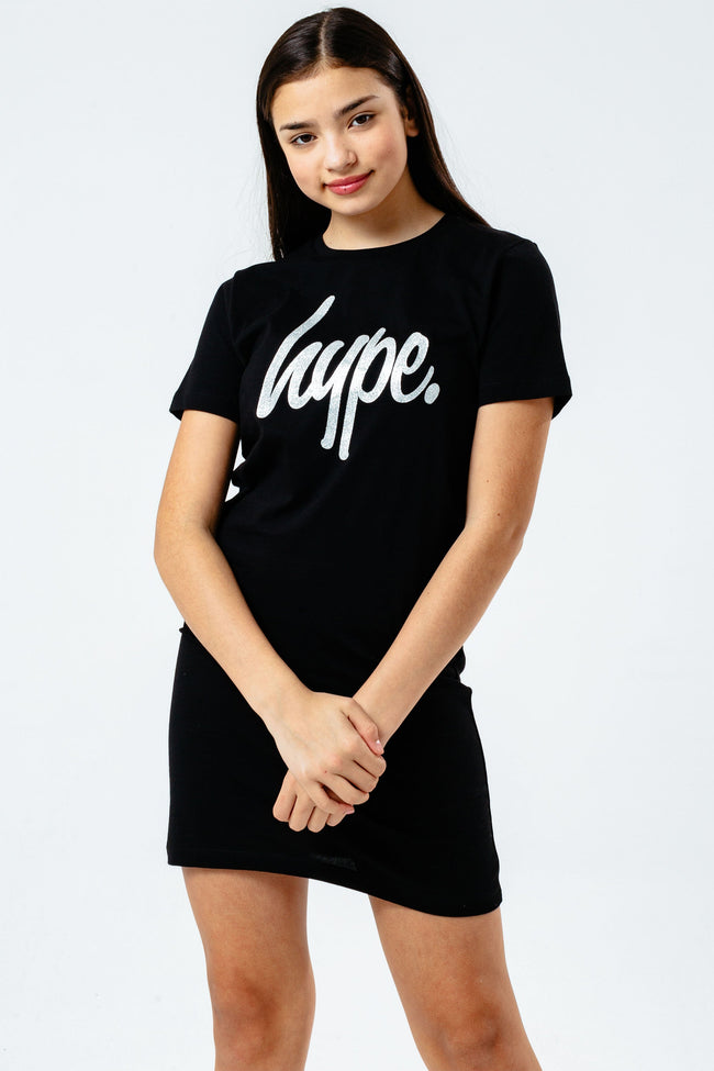 HYPE GIRLS BLACK GLITTER SCRIPT TEE DRESS