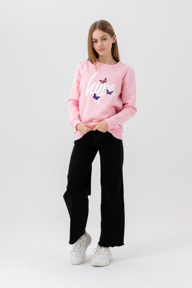 HYPE GIRLS PINK BUTTERFLY SCRIPT CREW NECK