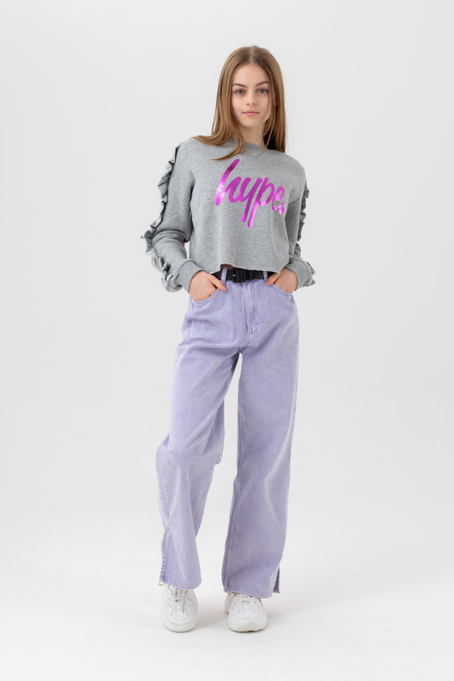 HYPE GIRLS GREY RUFFLE PRINCESS SCRIPT CROP CREW NECK