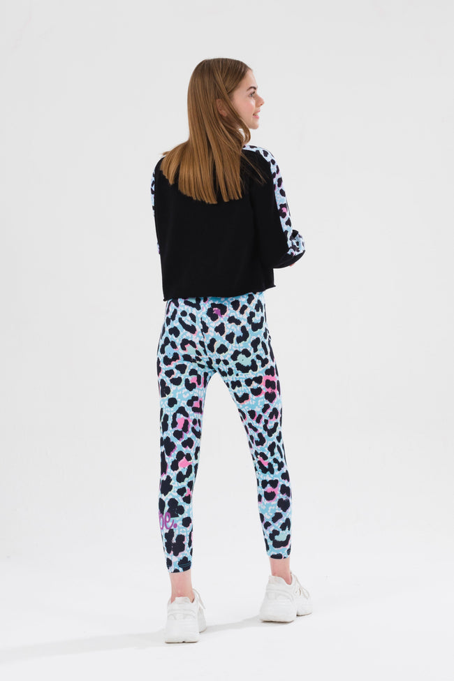 HYPE GIRLS BLUE ICE LEOPARD SCRIPT CROP CREW NECK