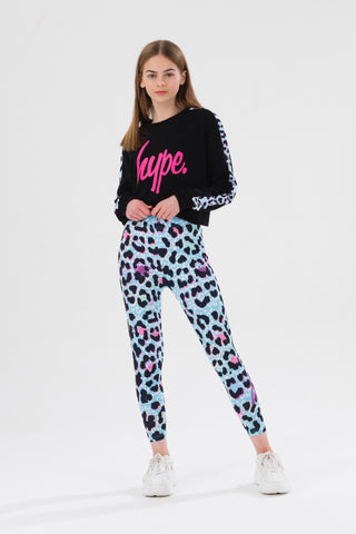 HYPE GIRLS BLUE ICE LEOPARD SCRIPT CROP CREW NECK