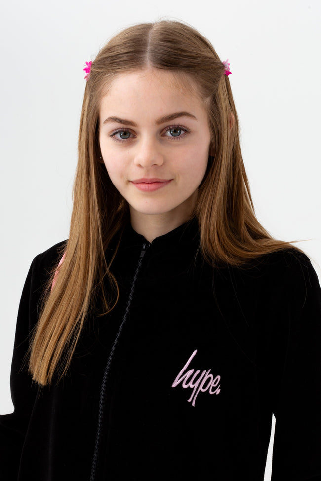 HYPE GIRLS BLACK VELOUR ZIP THROUGH HOODIE