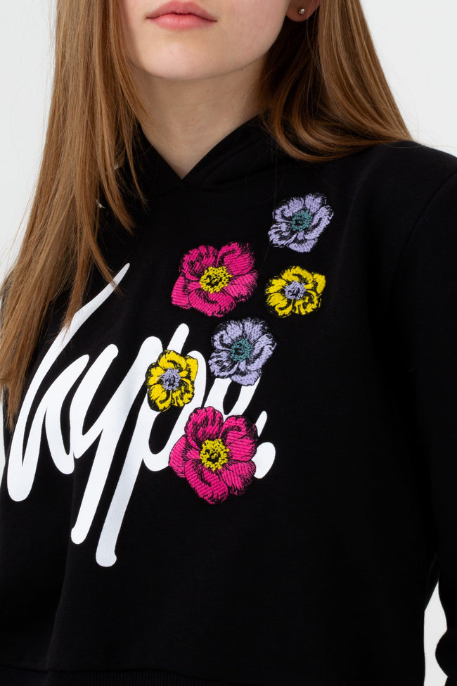 HYPE GIRLS BLACK FLOWER PATCH CROP HOODIE