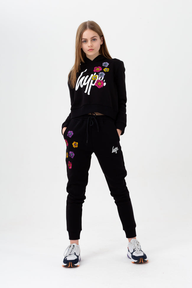 HYPE GIRLS BLACK FLOWER PATCH CROP HOODIE