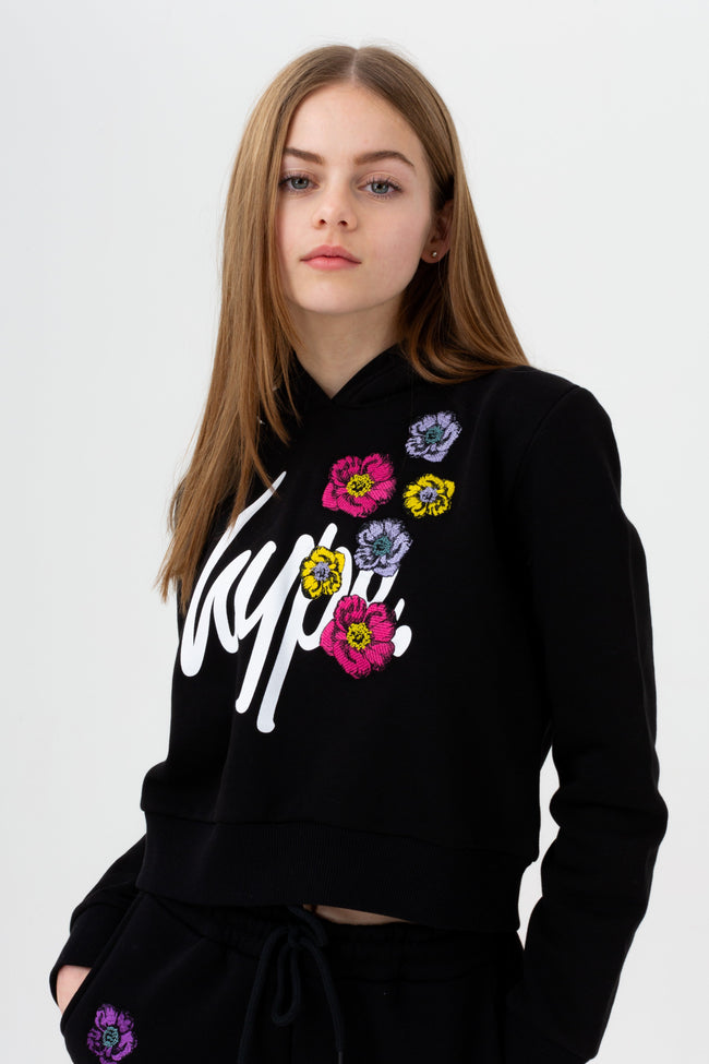 HYPE GIRLS BLACK FLOWER PATCH CROP HOODIE