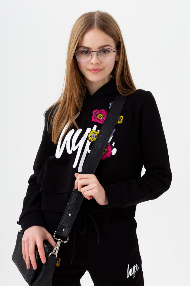 HYPE GIRLS BLACK FLOWER PATCH CROP HOODIE