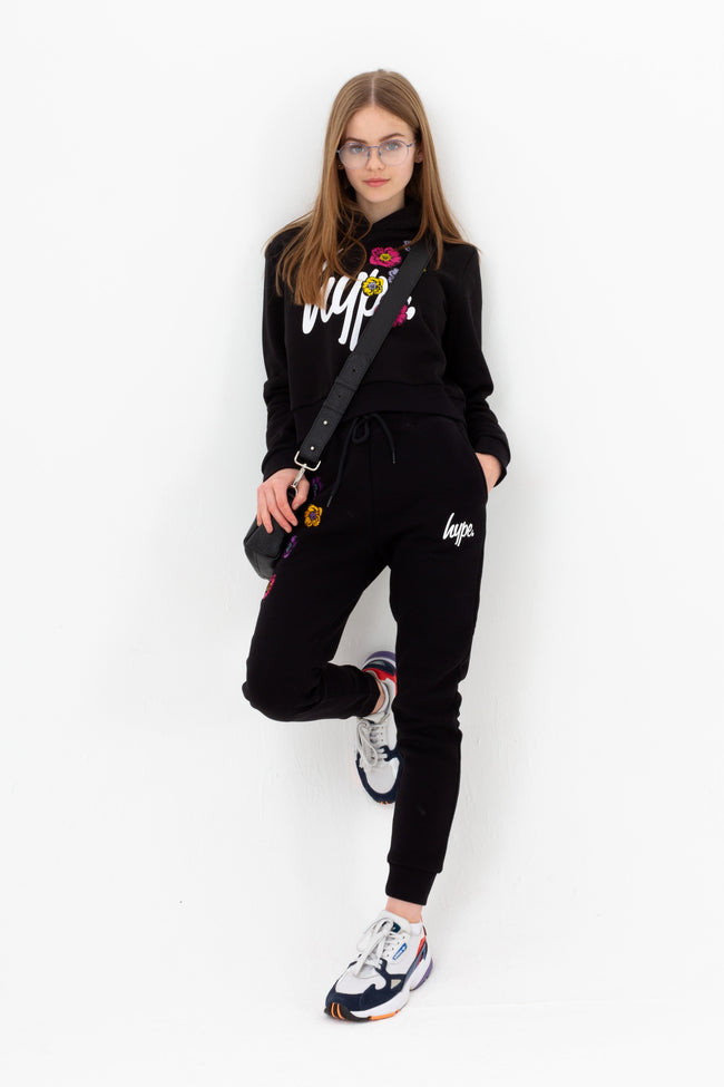 HYPE GIRLS BLACK FLOWER PATCH CROP HOODIE